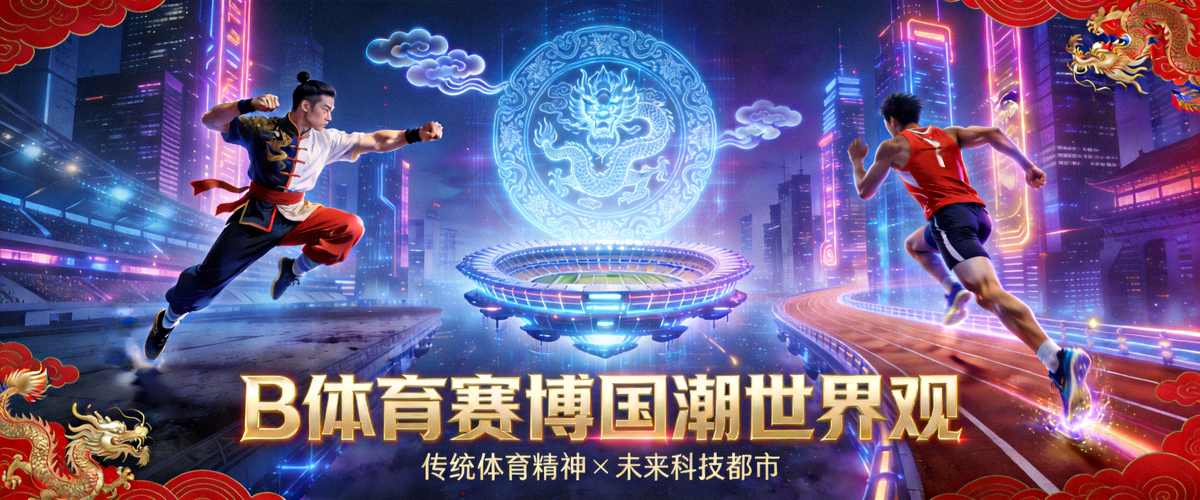 B体育赛博国潮世界观大横幅：传统体育精神与未来科技都市融合的宏大场景
