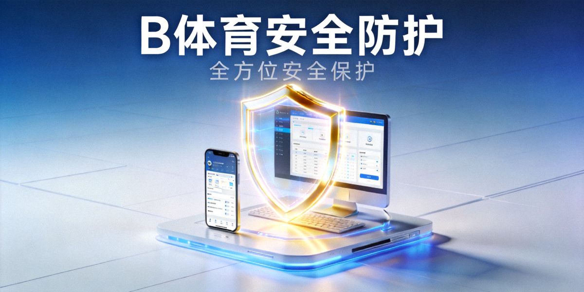 B体育安全主题主视觉图：一个巨大的发光盾牌笼罩着手机和电脑设备，象征全方位安全保护