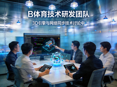 B体育技术研发团队工作照：工程师们在充满未来感的办公空间内讨论3D引擎与网络同步技术