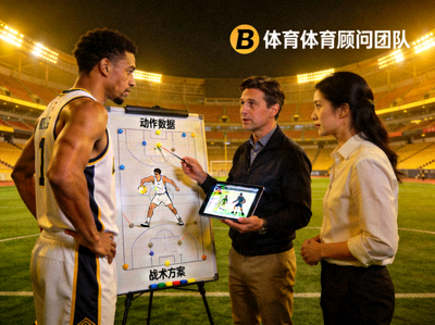 B体育体育顾问团队工作照：前职业运动员与赛事策划专家在模拟球场中分析动作数据与战术