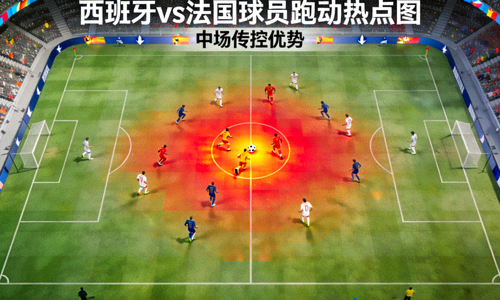 西班牙对阵法国的球员跑动热点图，显示中场区域高亮，体现传控优势