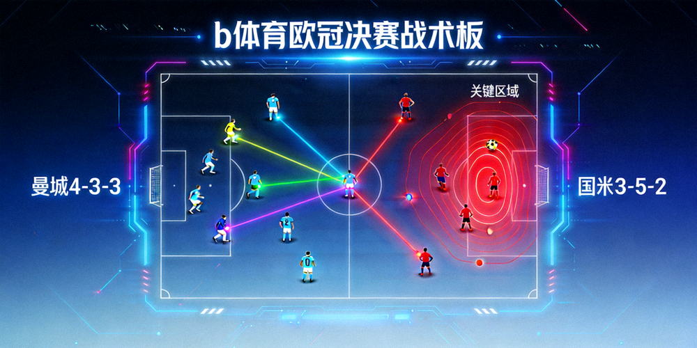 b体育欧冠决赛战术板示意图：显示双方阵型站位、传球线路与跑动热区的赛博风格战术图