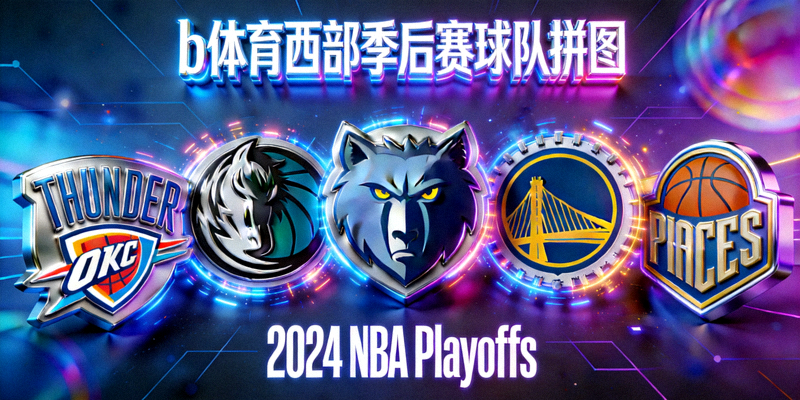 b体育西部季后赛球队拼图：雷霆、森林狼、掘金等队徽在霓虹背景下的展示
