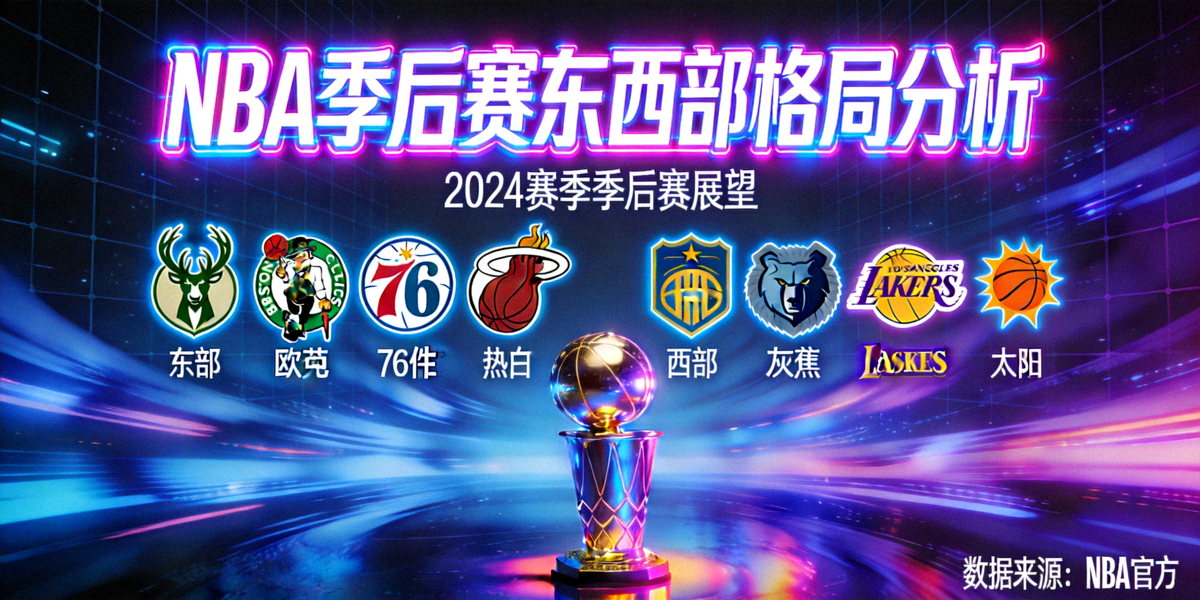 NBA季后赛东西部格局分析横幅：东西部球队标志与冠军奖杯在赛博风格背景下的合成图