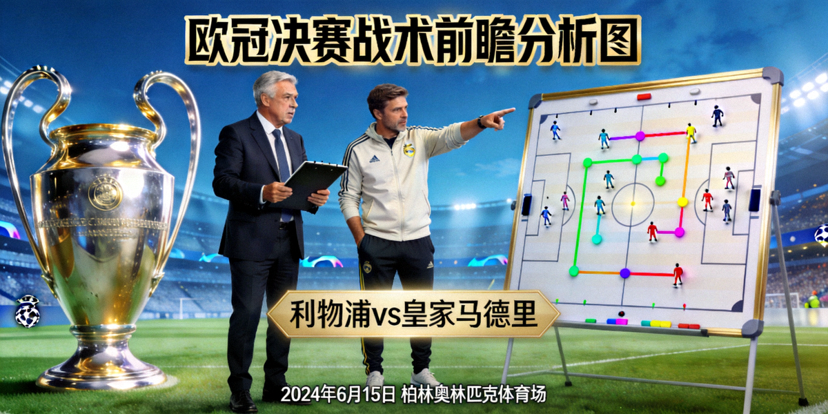 欧冠决赛战术前瞻分析图：两支球队主教练在场边指挥，背景是巨大的欧冠奖杯与战术板