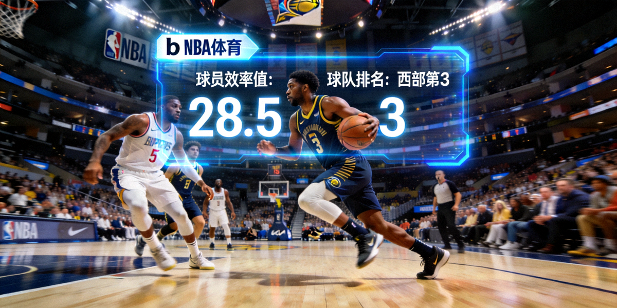 NBA常规赛收官阶段激烈比赛瞬间，b体育实时数据可视化界面悬浮于球场上方，展示球员效率值与球队排名