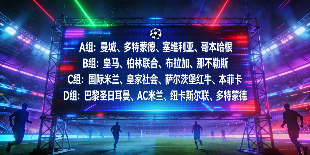 欧冠抽签仪式现场大屏幕显示分组结果，背景是赛博朋克风格的未来足球场